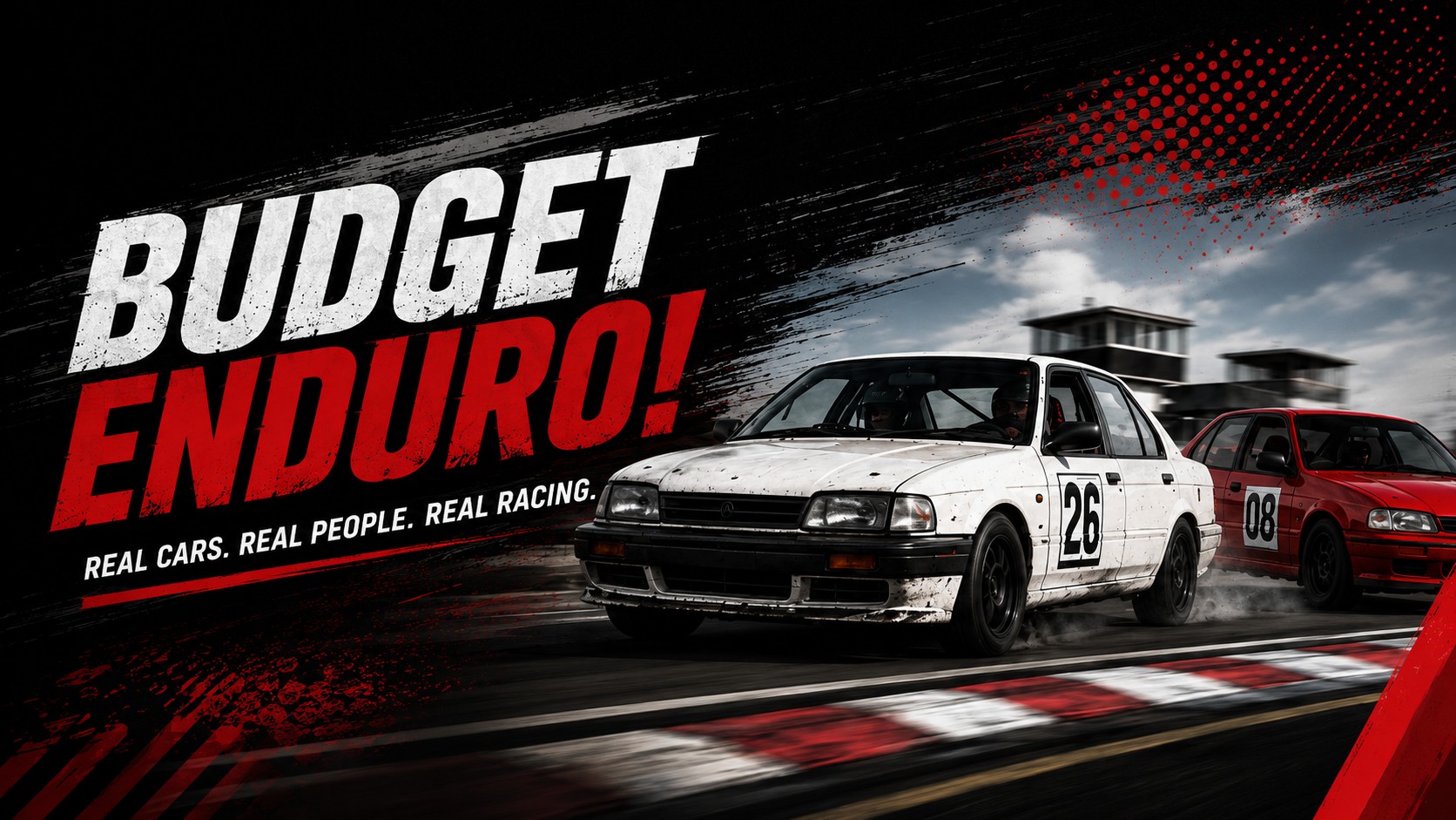 Budget Enduro! Real cars. Real people. Real racing. Two budget endurance race cars running side by side on track.